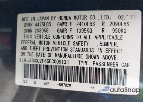 2011 Acura Tsx 2.4 from USA, damaged, VIN JH4CU2F66BC009133